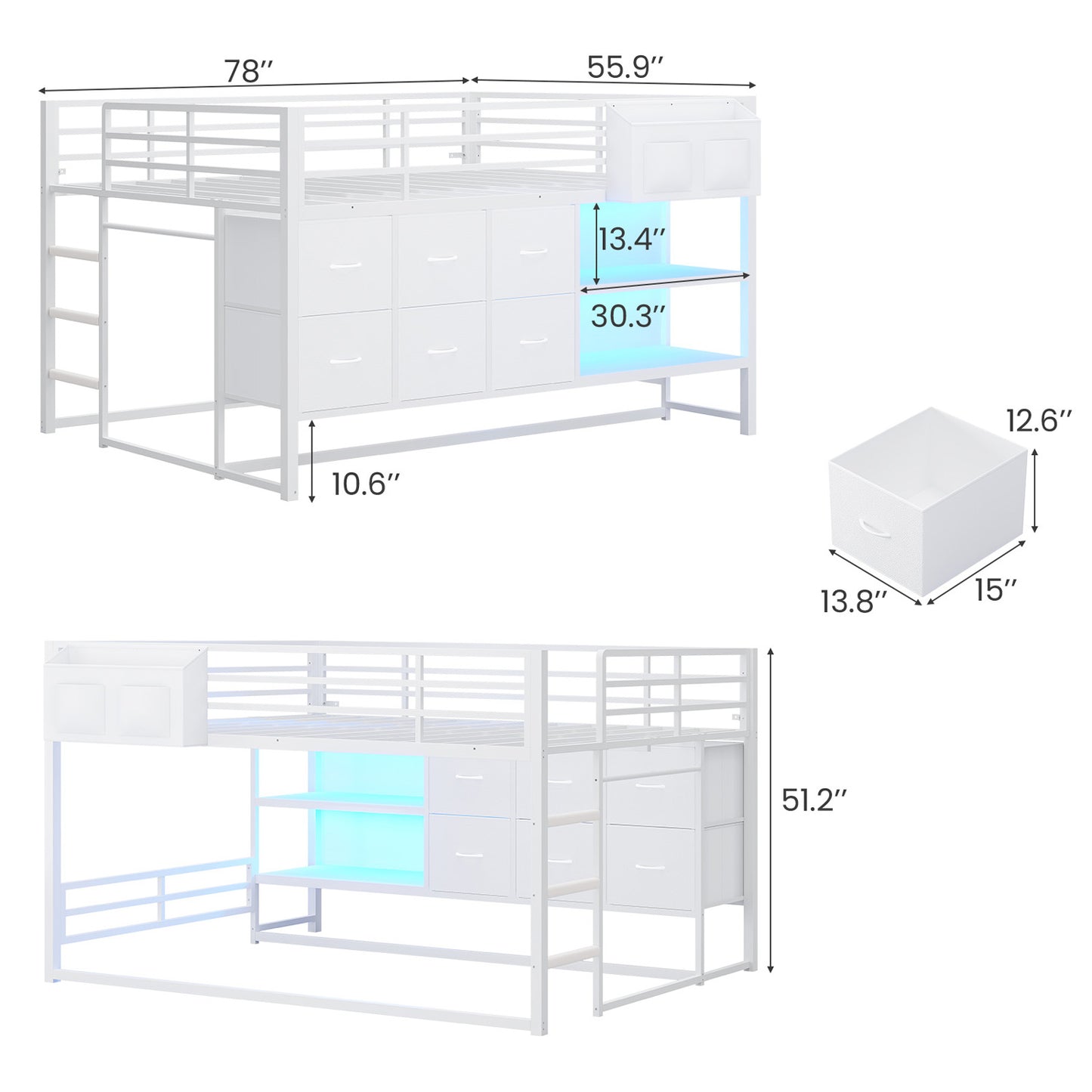Full Over Twin Bunk Bed with LED Lights and 6 Drawers White
