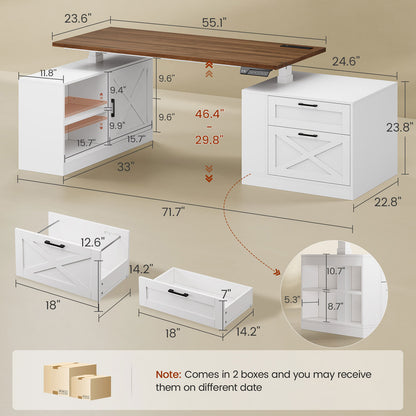 71" Farmhouse L Shaped Electric Standing Desk with Storage White
