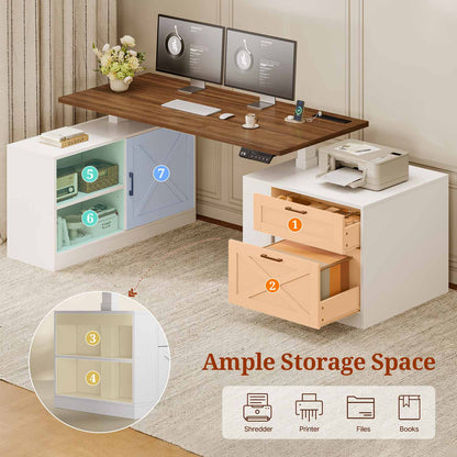 71" Farmhouse L Shaped Electric Standing Desk with Storage White