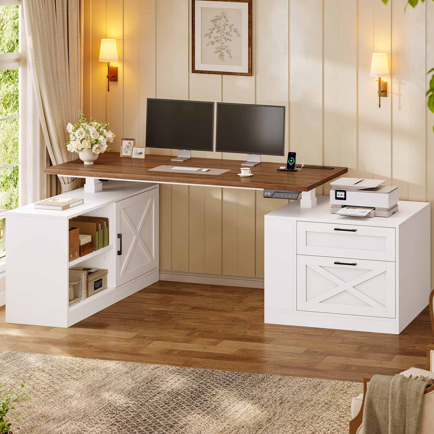 71" Farmhouse L Shaped Electric Standing Desk with Storage White