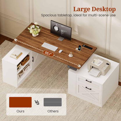 71" Farmhouse L Shaped Electric Standing Desk with Storage White