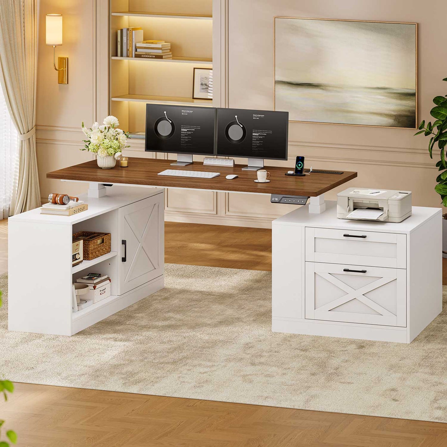 71" Farmhouse L Shaped Electric Standing Desk with Storage White