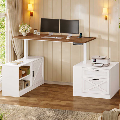 71" Farmhouse L Shaped Electric Standing Desk with Storage White