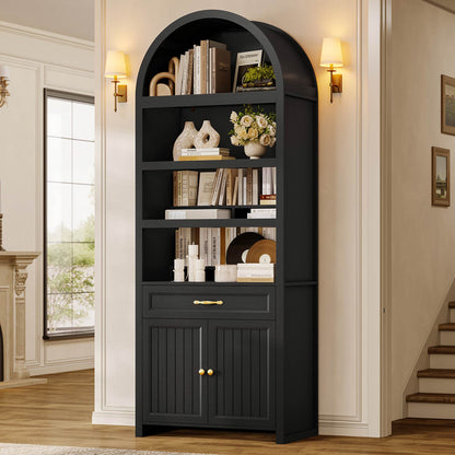 84.6" Arched 6-Tier Bookcase with Drawer Storage Black