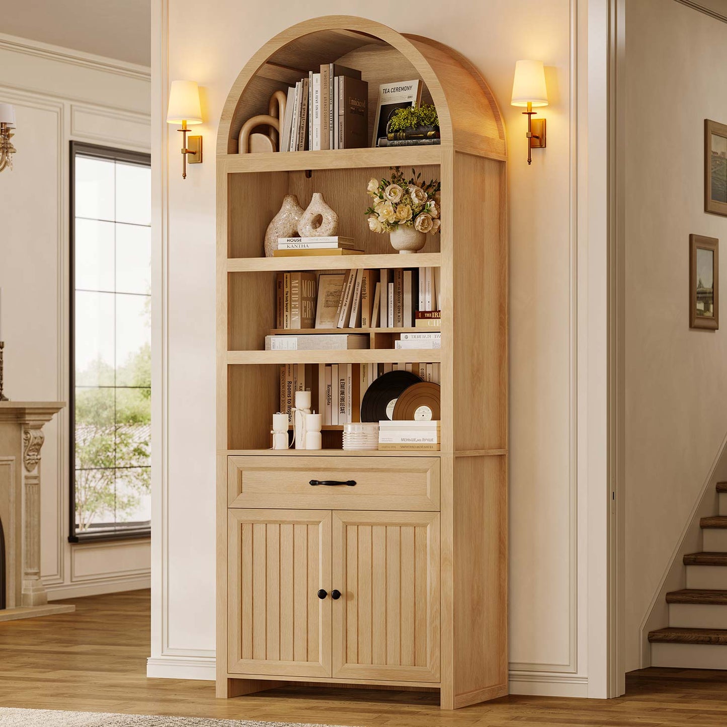 84.6" Arched 6-Tier Bookcase with Drawer Storage Oak