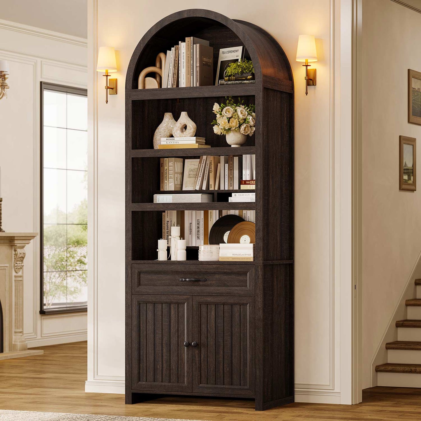 84.6" Arched 6-Tier Bookcase with Drawer Storage Walnut