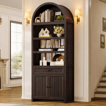 84.6" Arched 6-Tier Bookcase with Drawer Storage Walnut