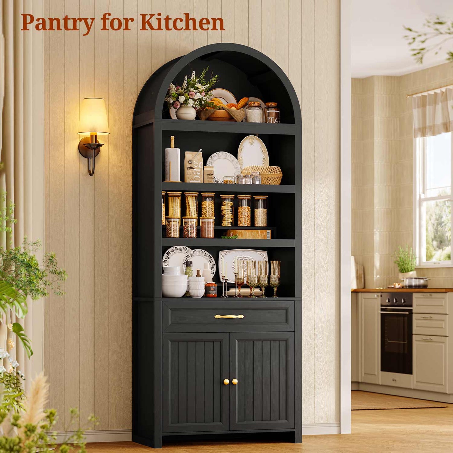 84.6" Arched 6-Tier Bookcase with Drawer Storage Black