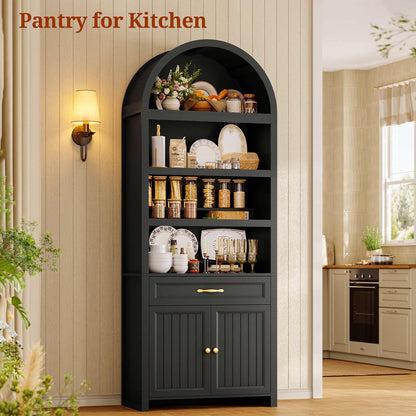 84.6" Arched 6-Tier Bookcase with Drawer Storage Black