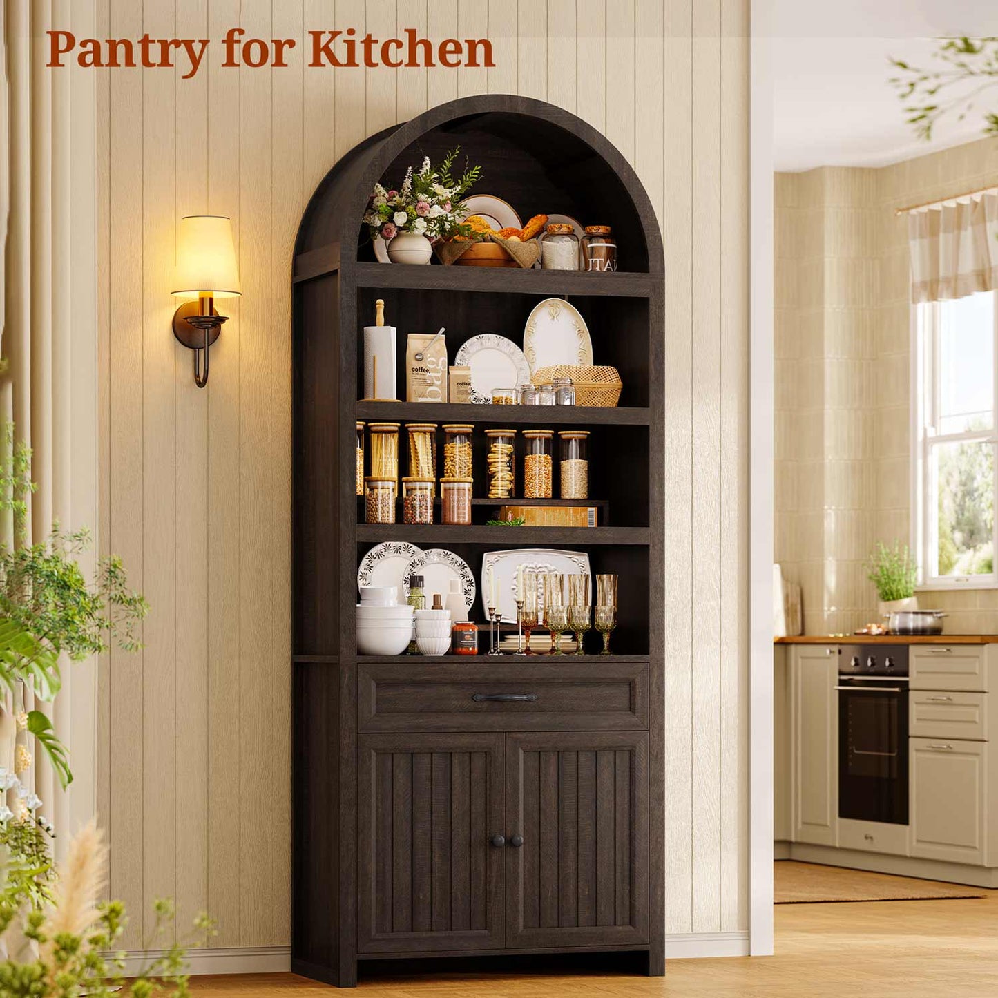 84.6" Arched 6-Tier Bookcase with Drawer Storage Walnut