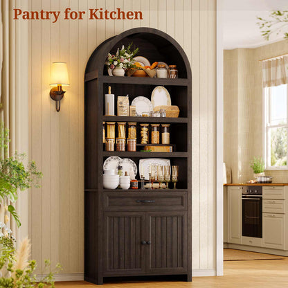 84.6" Arched 6-Tier Bookcase with Drawer Storage Walnut