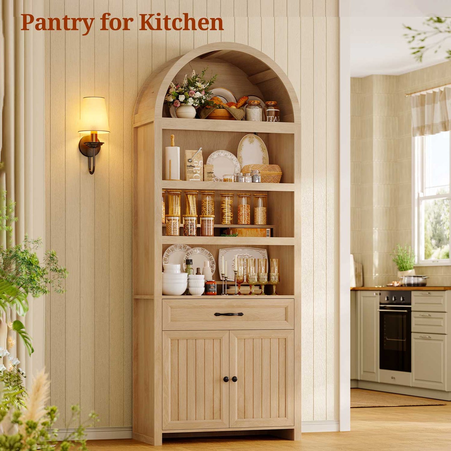 84.6" Arched 6-Tier Bookcase with Drawer Storage Oak