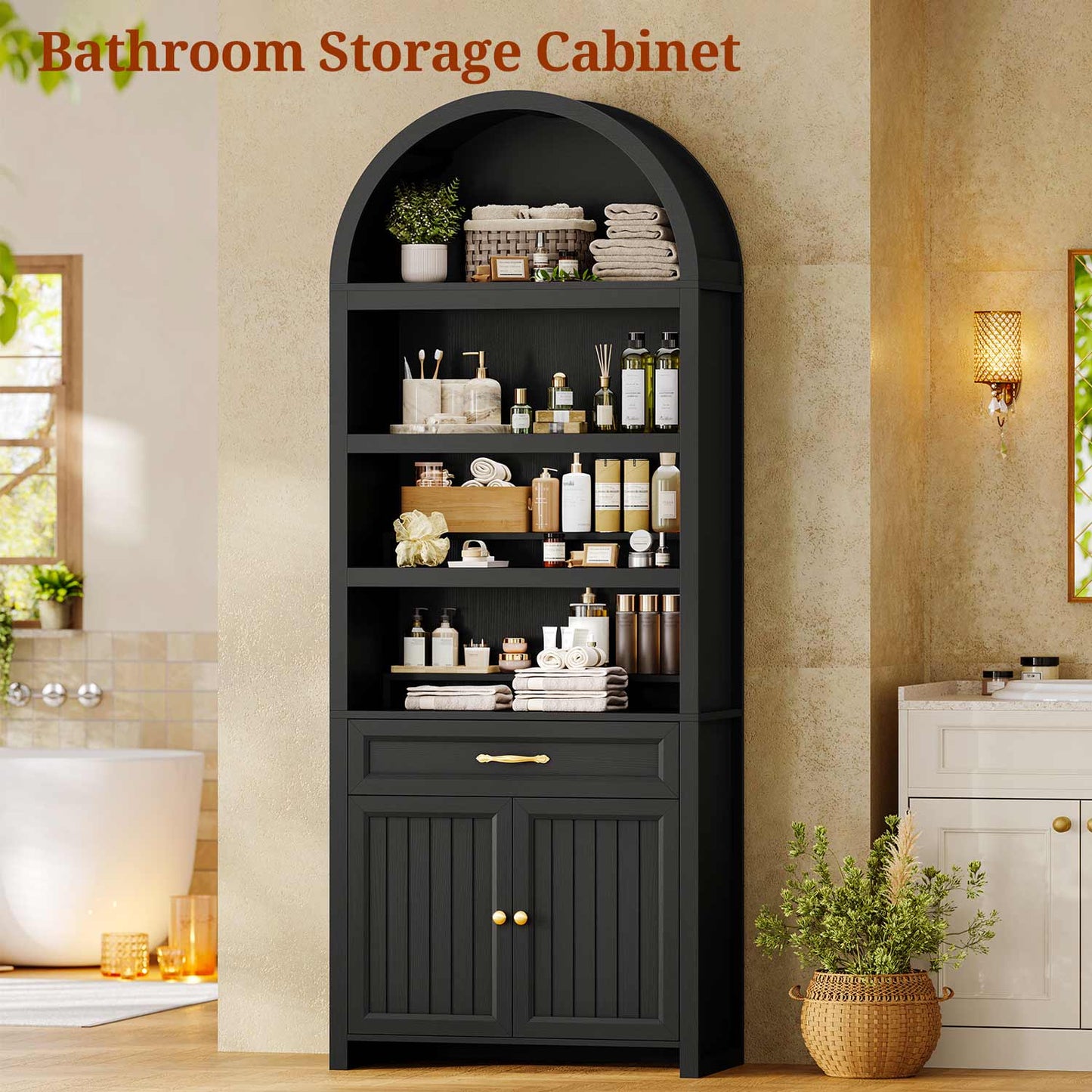 84.6" Arched 6-Tier Bookcase with Drawer Storage Black