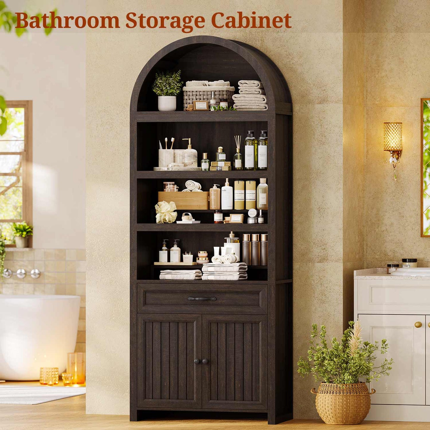 84.6" Arched 6-Tier Bookcase with Drawer Storage Walnut