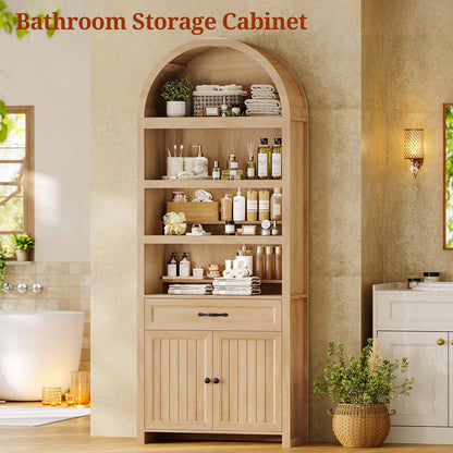 84.6" Arched 6-Tier Bookcase with Drawer Storage Oak