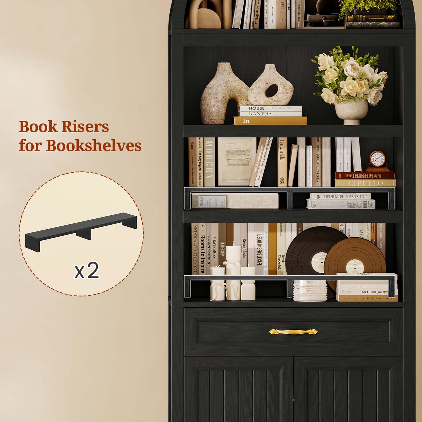 84.6" Arched 6-Tier Bookcase with Drawer Storage Black