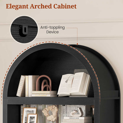 84.6" Arched 6-Tier Bookcase with Drawer Storage Black