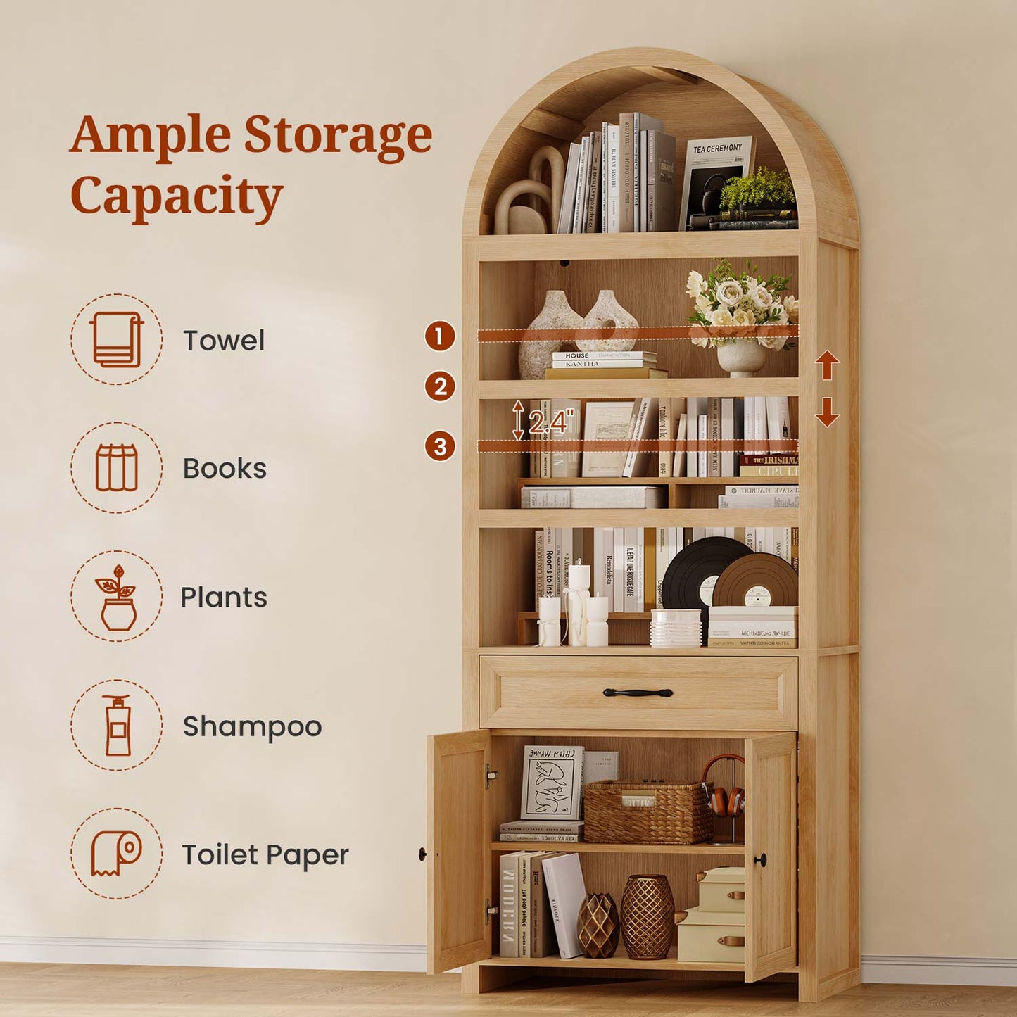 84.6" Arched 6-Tier Bookcase with Drawer Storage Oak