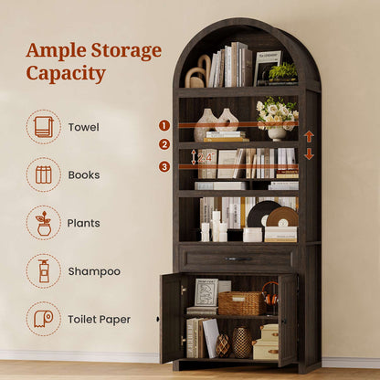 84.6" Arched 6-Tier Bookcase with Drawer Storage Walnut