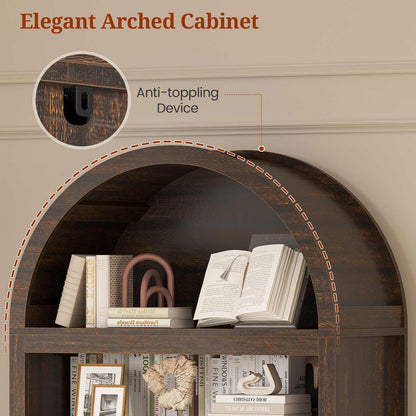 84.6" Arched 6-Tier Bookcase with Drawer Storage Walnut