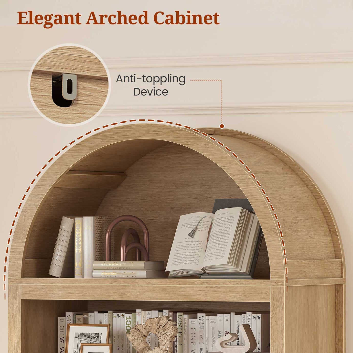 84.6" Arched 6-Tier Bookcase with Drawer Storage Oak
