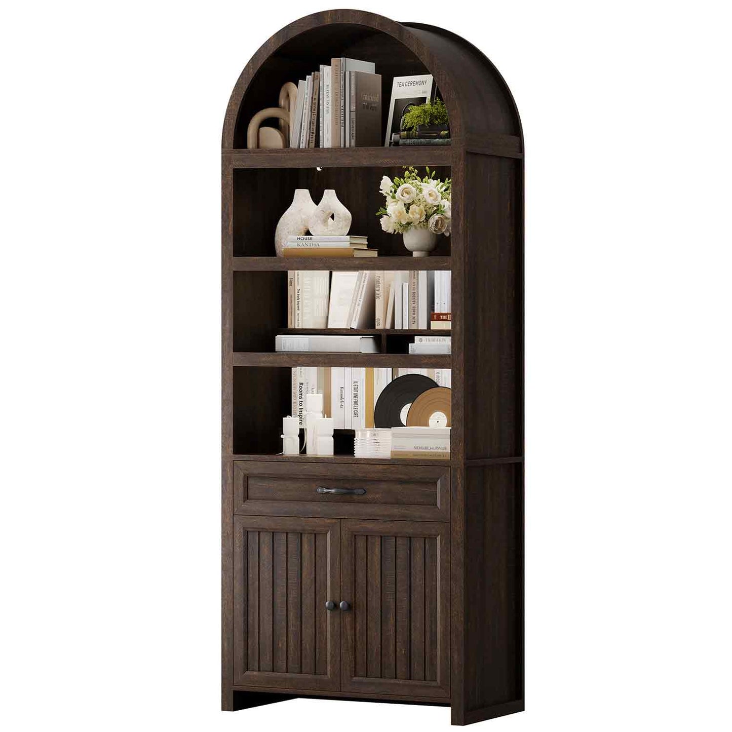 84.6" Arched 6-Tier Bookcase with Drawer Storage Walnut