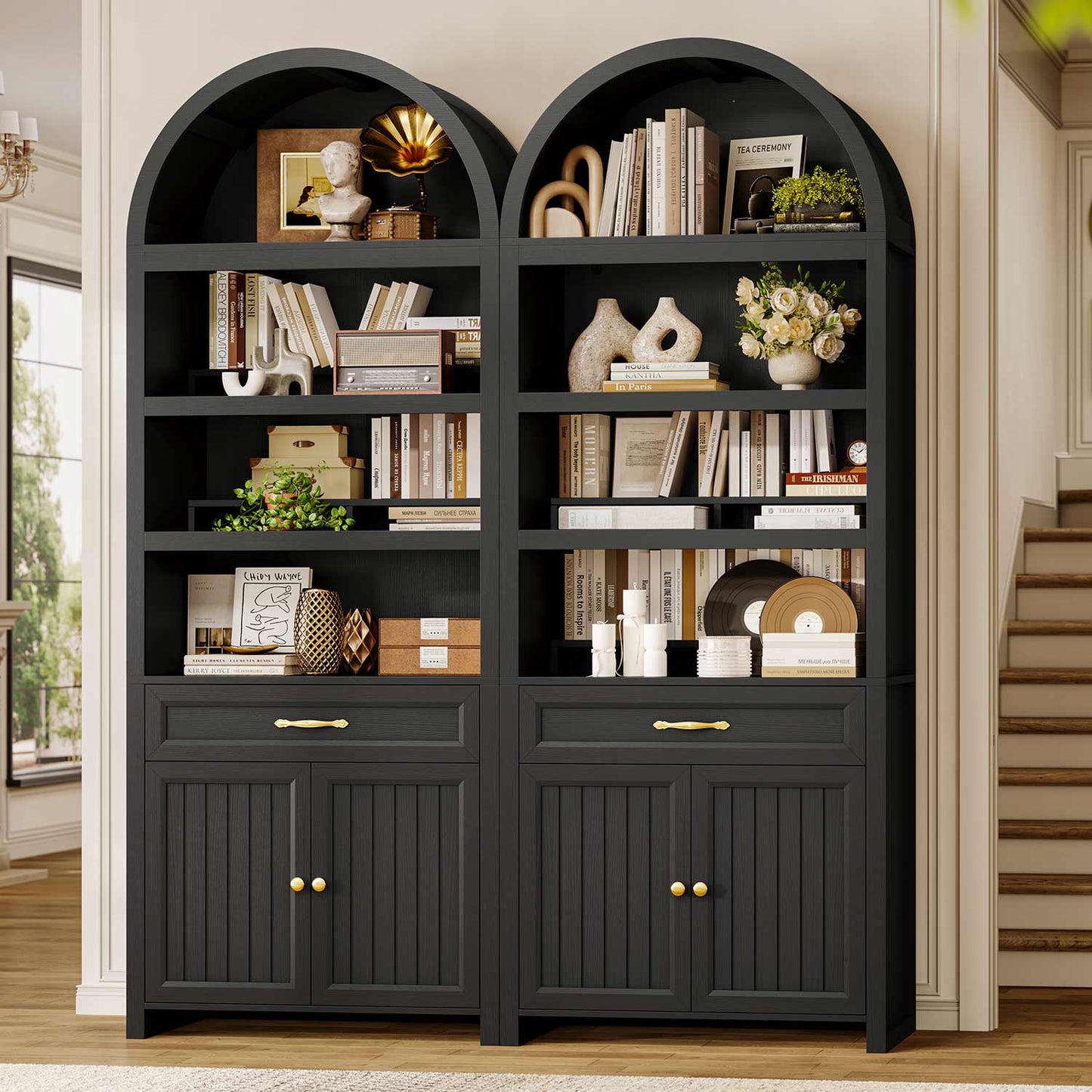 84.6" Arched 6-Tier Bookcase with Drawer Storage Black