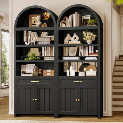 84.6" Arched 6-Tier Bookcase with Drawer Storage Black