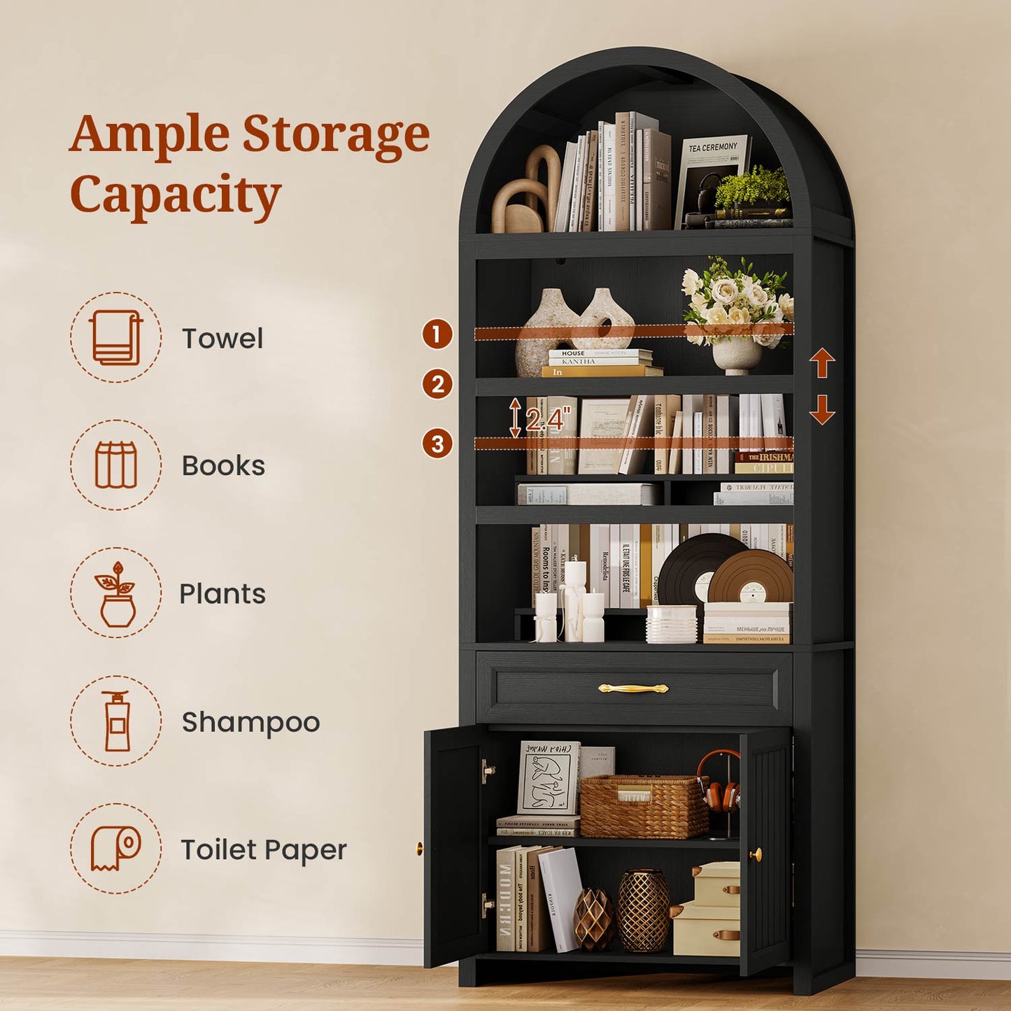 84.6" Arched 6-Tier Bookcase with Drawer Storage Black
