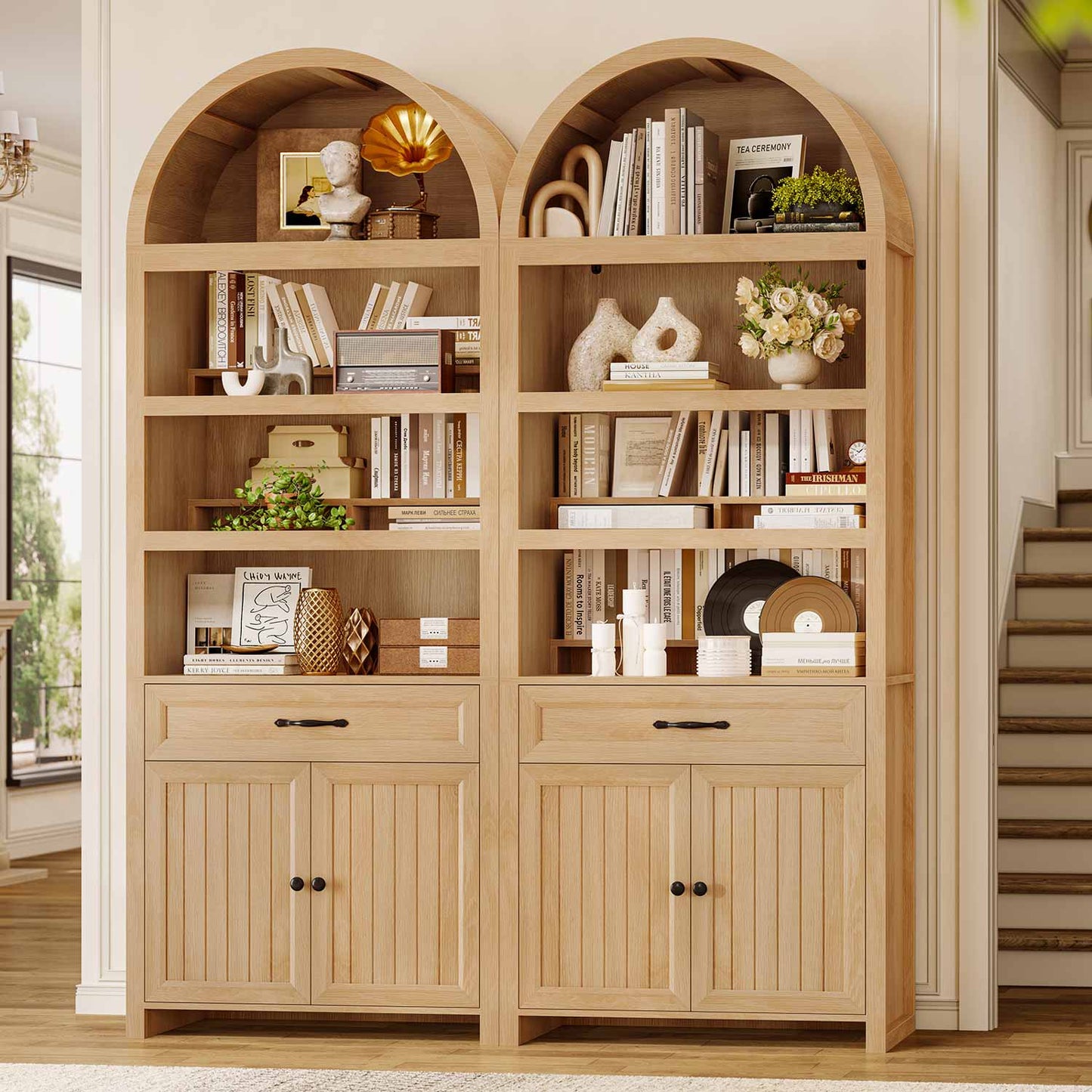 84.6" Arched 6-Tier Bookcase with Drawer Storage Oak