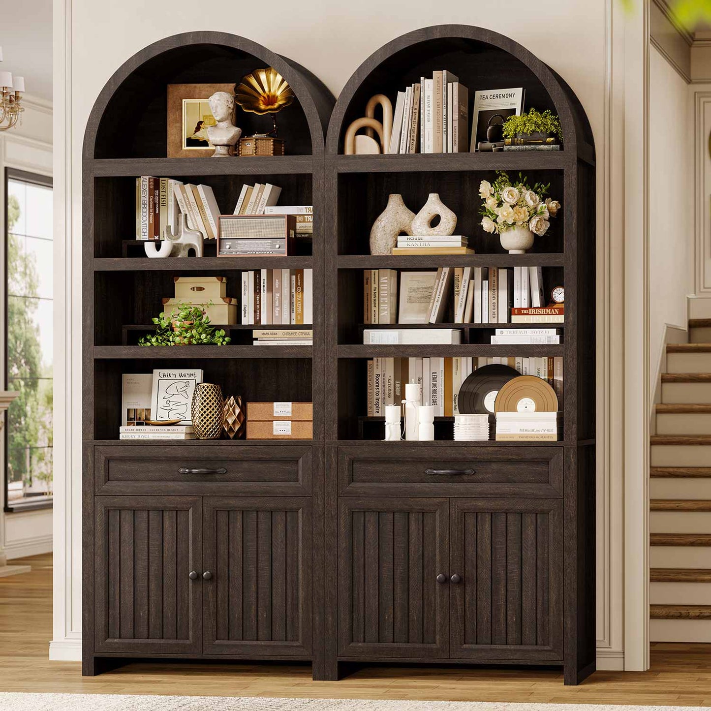 84.6" Arched 6-Tier Bookcase with Drawer Storage Walnut