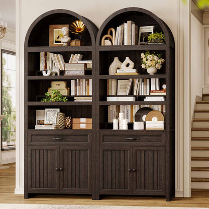 84.6" Arched 6-Tier Bookcase with Drawer Storage Walnut