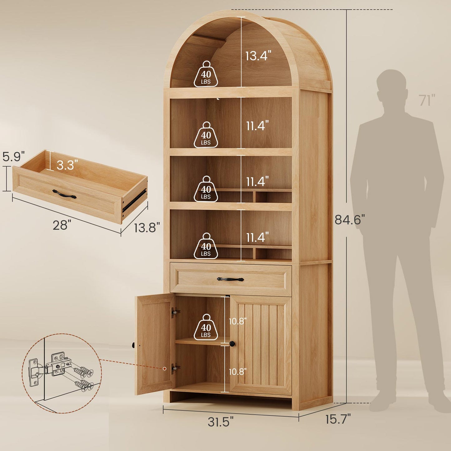84.6" Arched 6-Tier Bookcase with Drawer Storage Oak