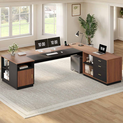 78.7" L Shaped Executive Desk with Storage Walnut