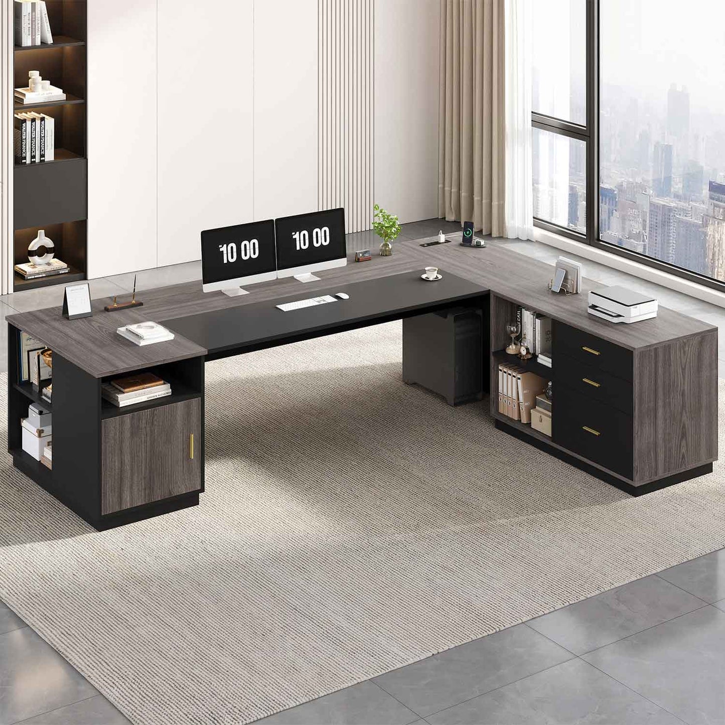 78.7" L Shaped Executive Desk with Storage Grey