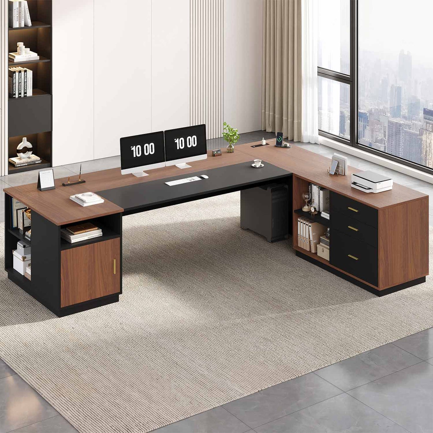78.7" L Shaped Executive Desk with Storage Walnut