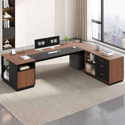 78.7" L Shaped Executive Desk with Storage Walnut