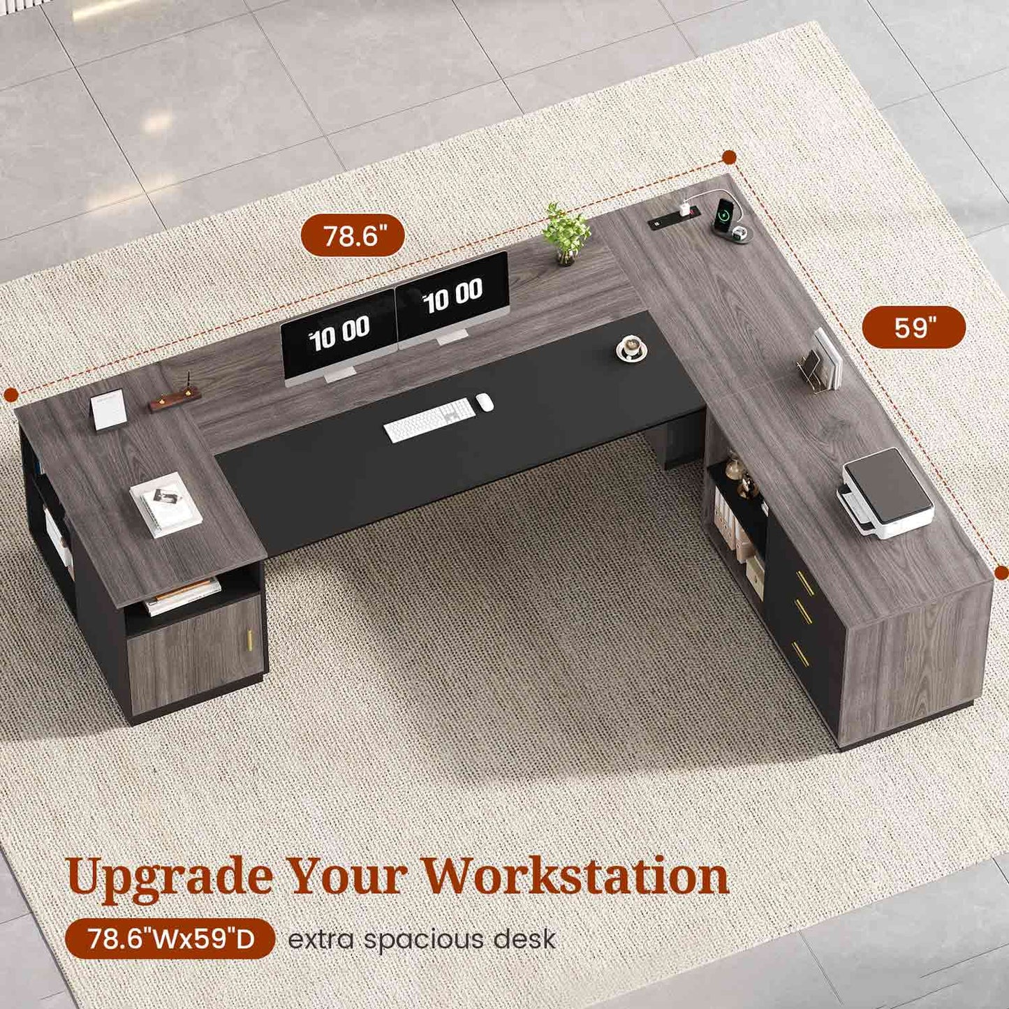 78.7" L Shaped Executive Desk with Storage Grey