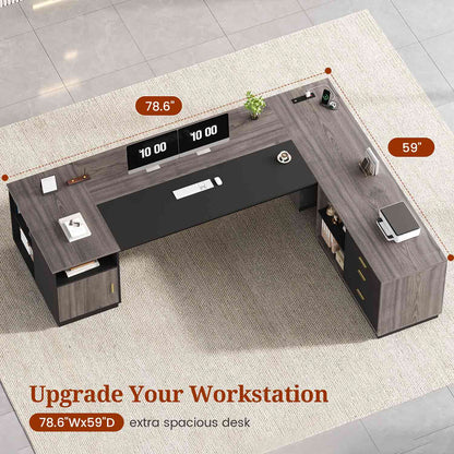 78.7" L Shaped Executive Desk with Storage Grey
