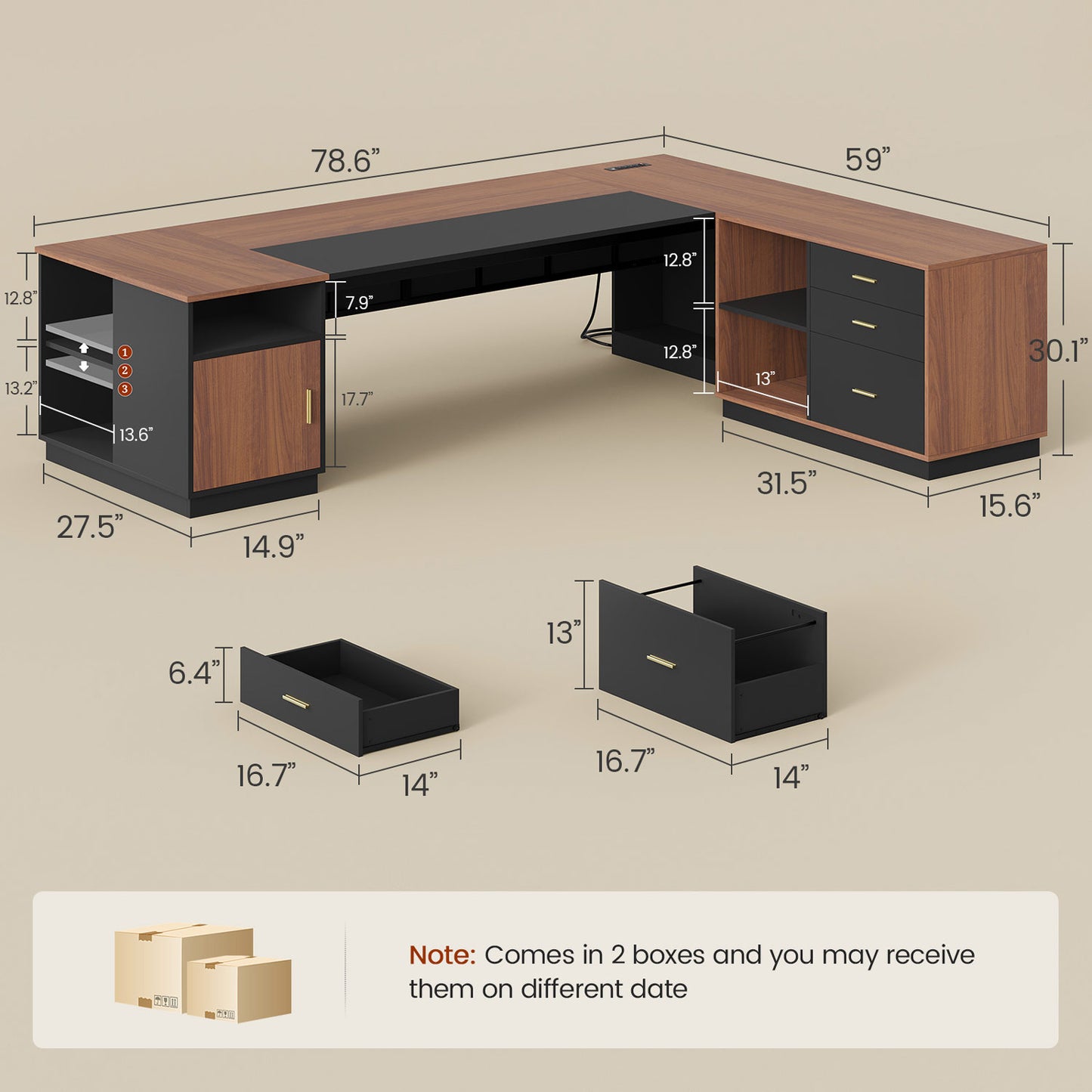 78.7" L Shaped Executive Desk with Storage Walnut