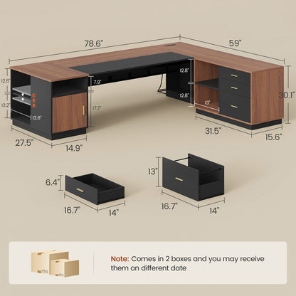 78.7" L Shaped Executive Desk with Storage Walnut