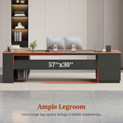 78.7" L Shaped Executive Desk with Storage Walnut