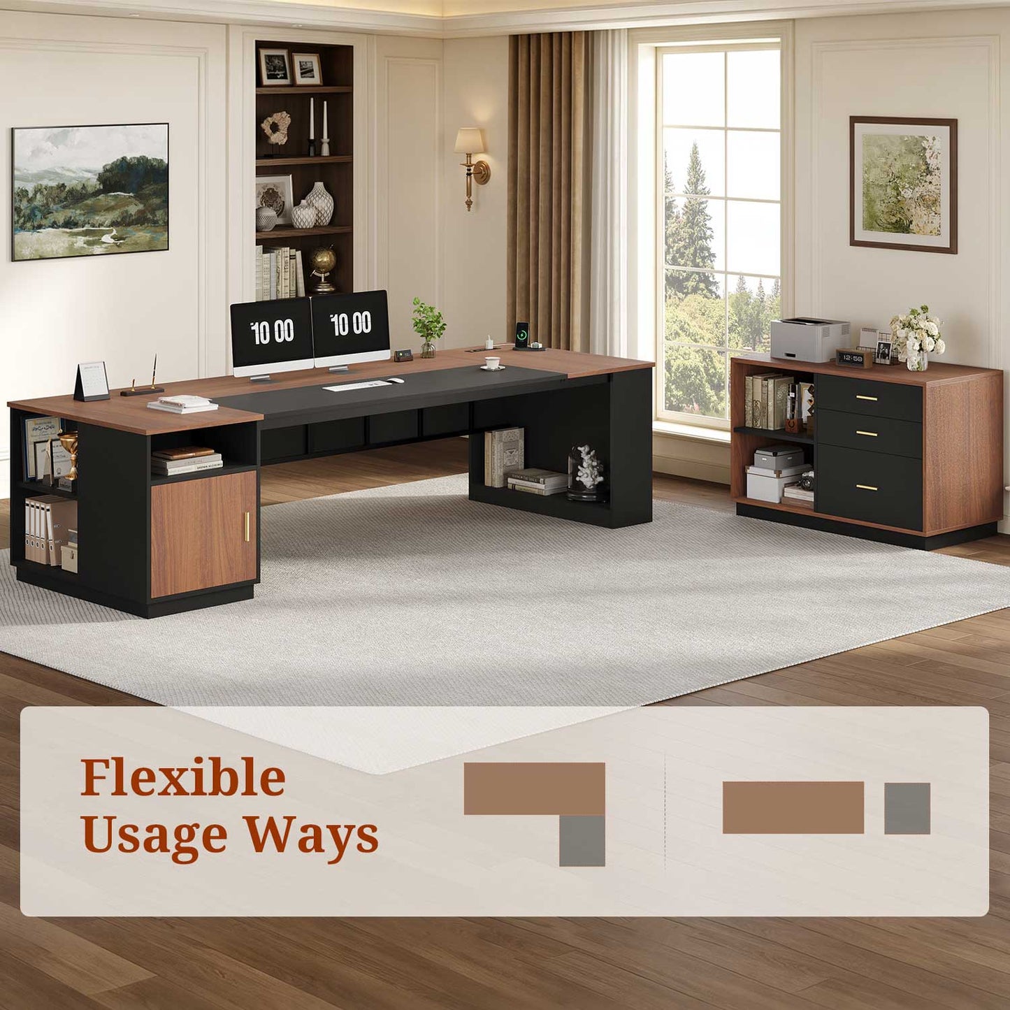 78.7" L Shaped Executive Desk with Storage Walnut