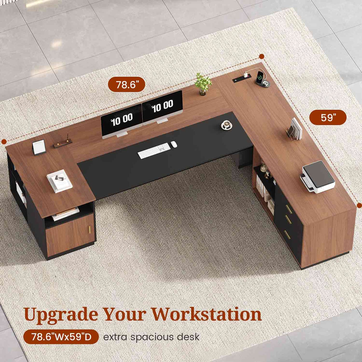 78.7" L Shaped Executive Desk with Storage Walnut