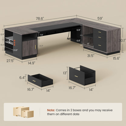 78.7" L Shaped Executive Desk with Storage Grey