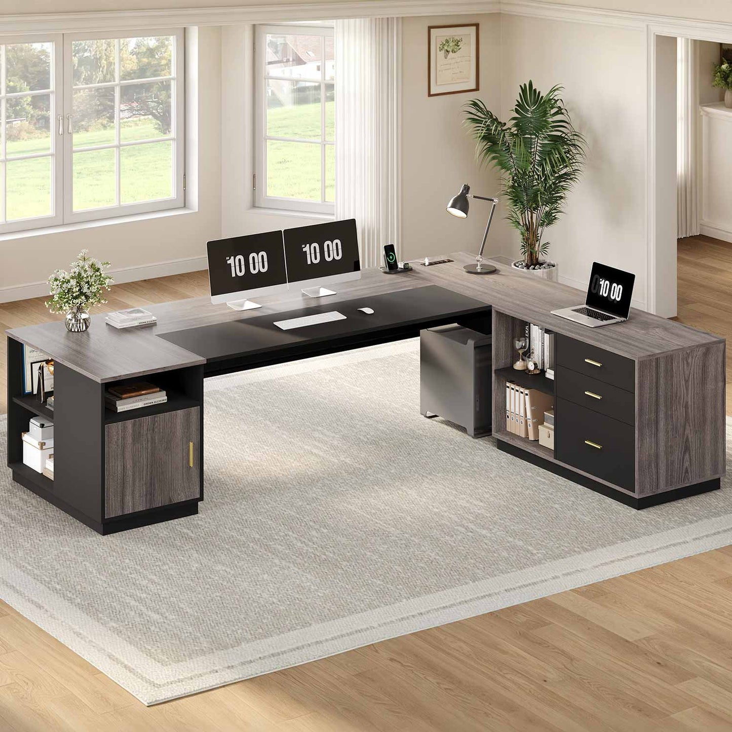 78.7" L Shaped Executive Desk with Storage Grey