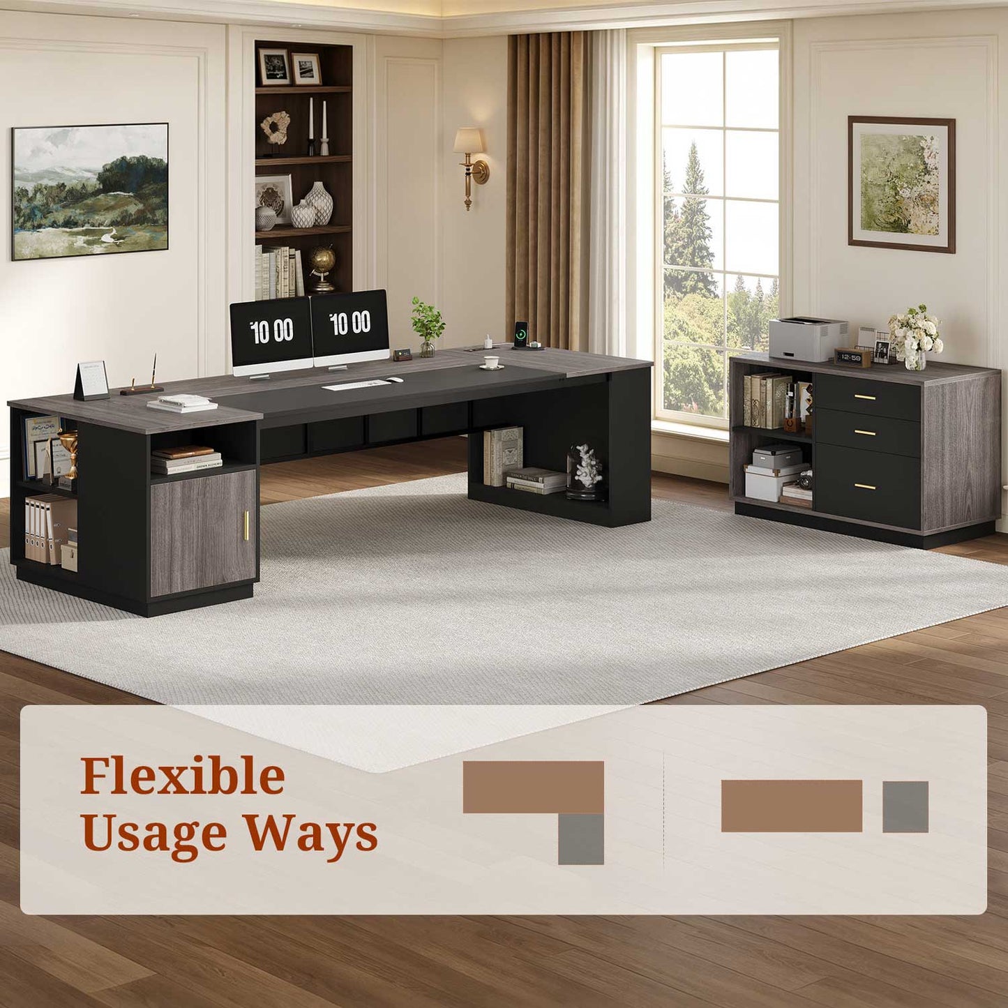 78.7" L Shaped Executive Desk with Storage Grey