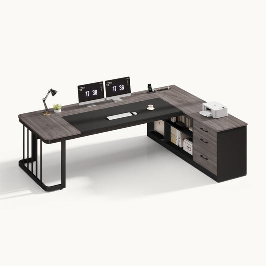 78.7" L Shaped Executive Desk with Drawers Storage Shelves Grey