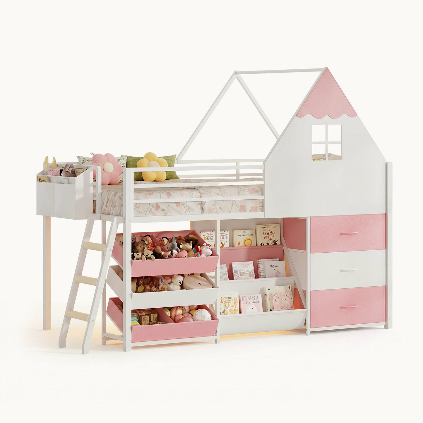 White and Pink Low Loft Bed with LED Lights, Bookshelf, and Toy Storage Bin