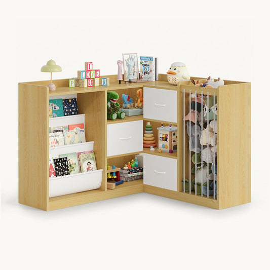L Shaped Kids Bookshelf with Toy Storage Reading Nook and Movable Drawers Oak